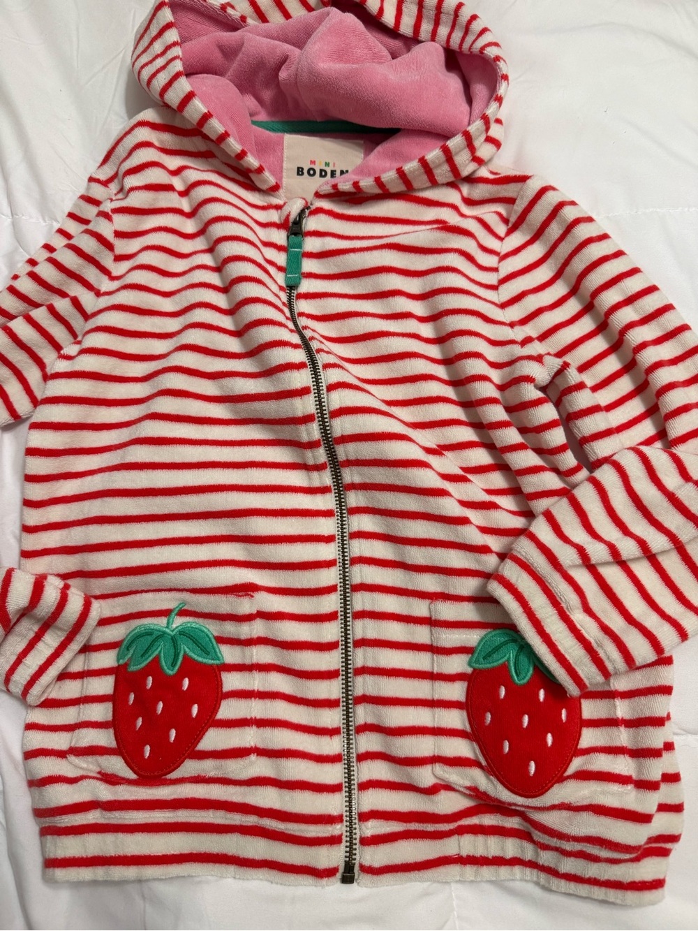 Mini Boden Pink and Red Striped Strawberry Zip Hoodie